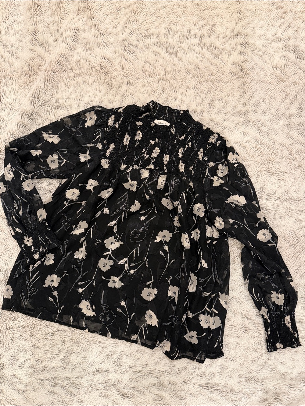 Black Floral Smocked High-Neck Blouse